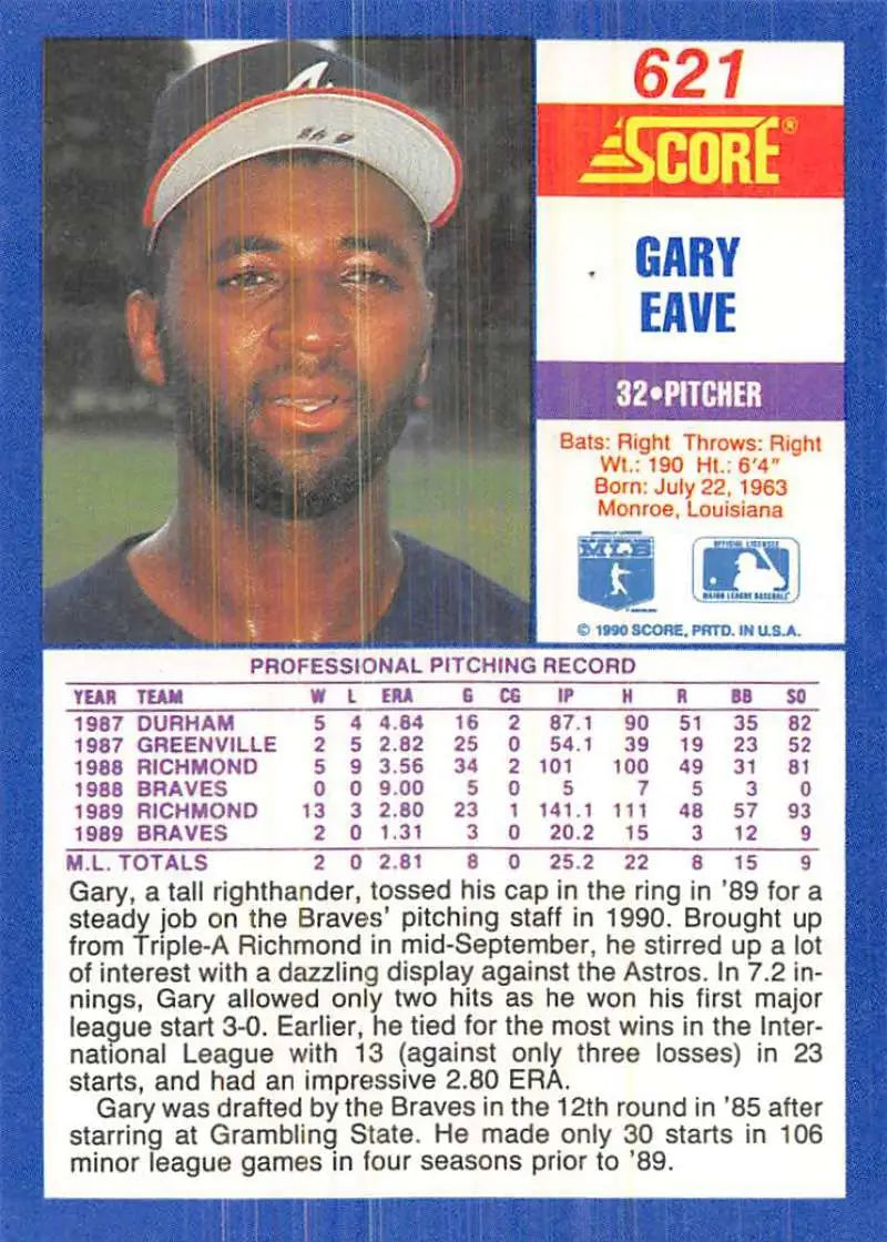 1990 Score #621 Gary Eave EX Excellent RC Rookie Atlanta Braves Baseball Card - Baseball Card Single
