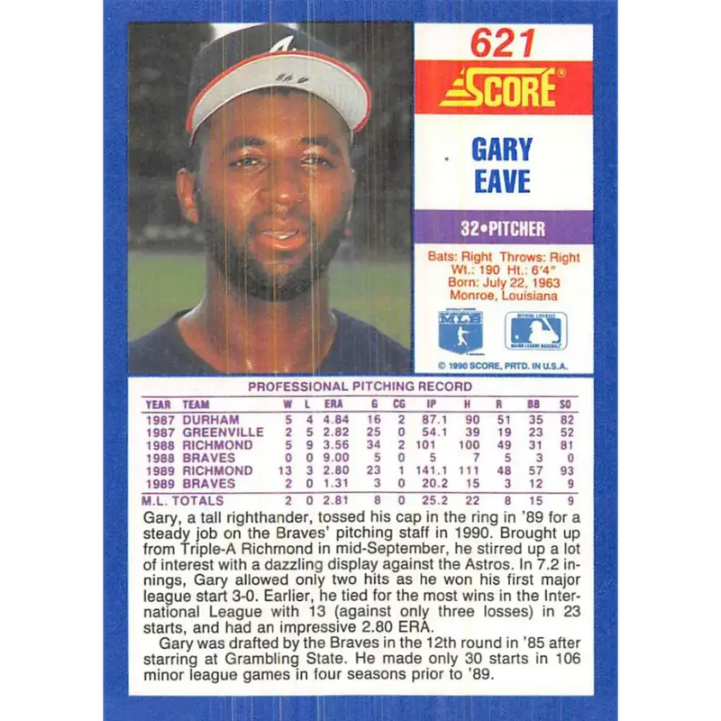 1990 Score #621 Gary Eave NM-MT RC Rookie Atlanta Braves Baseball Card - Baseball Card Single