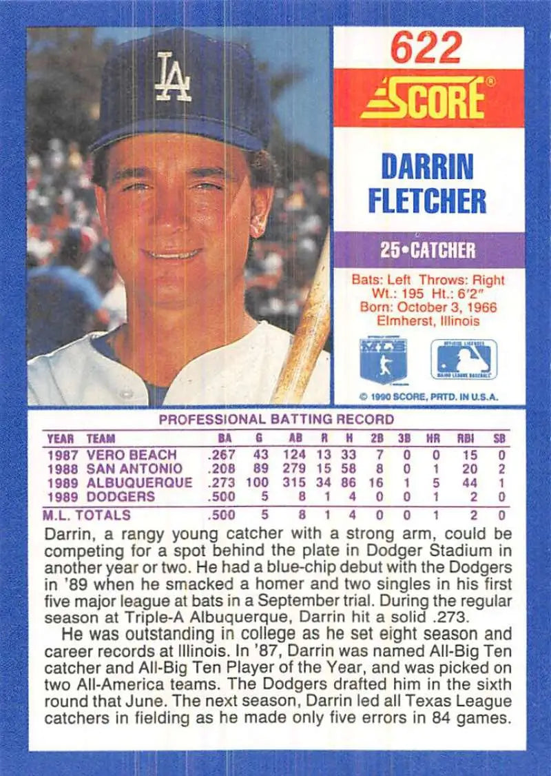 1990 Score #622 Darrin Fletcher EX Excellent RC Rookie Los Angeles Dodgers Baseball Card - Baseball Card Single