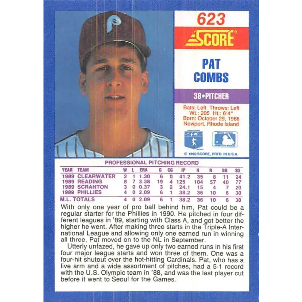 1990 Score #623 Pat Combs NM-MT Philadelphia Phillies Baseball Card - Baseball Card Single