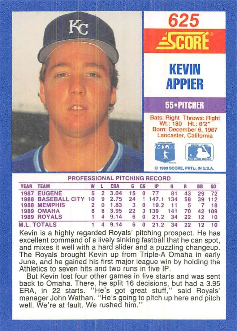 1990 Score #625 Kevin Appier EX Excellent Kansas City Royals Baseball Card - Baseball Card Single