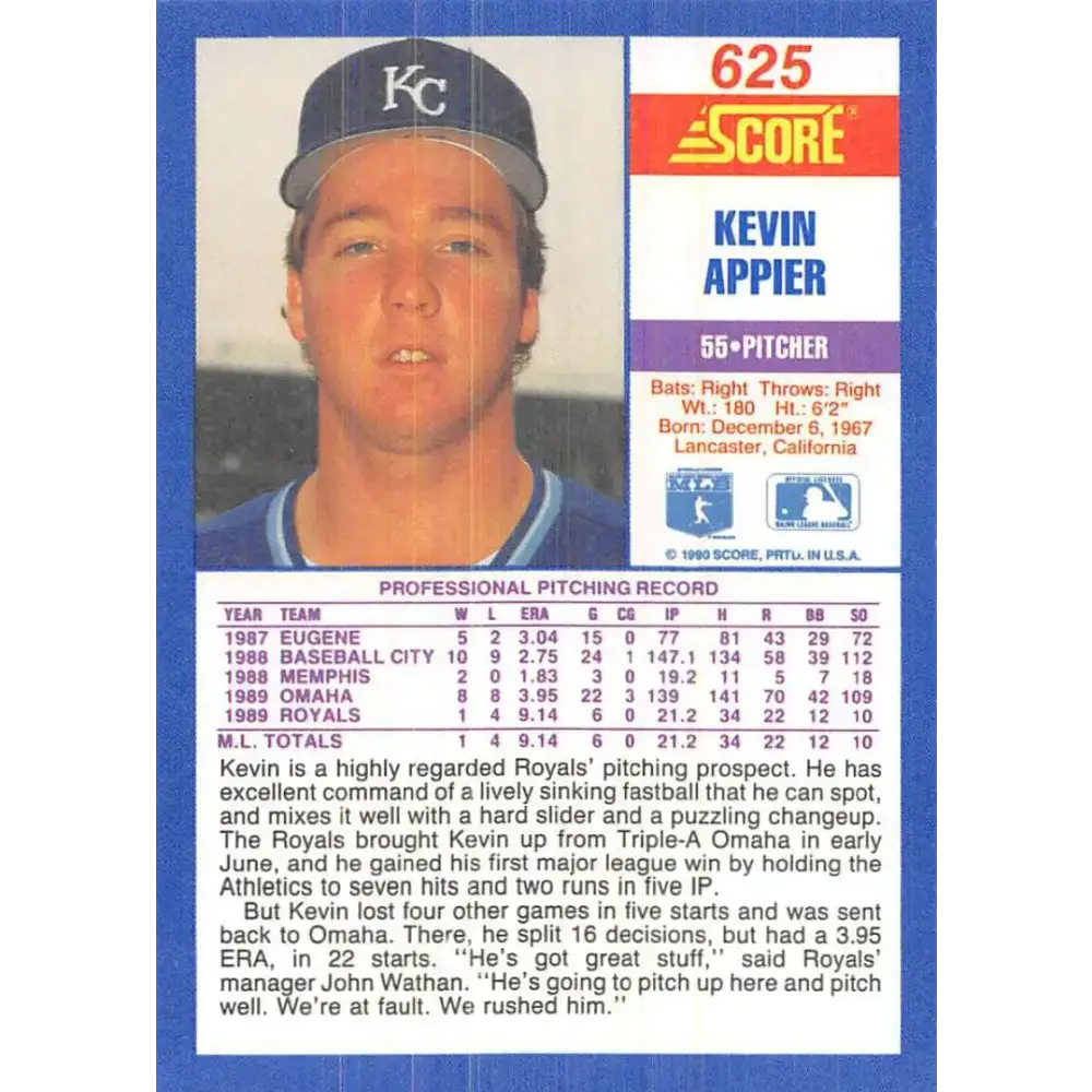 1990 Score #625 Kevin Appier NM-MT Kansas City Royals Baseball Card - Baseball Card Single