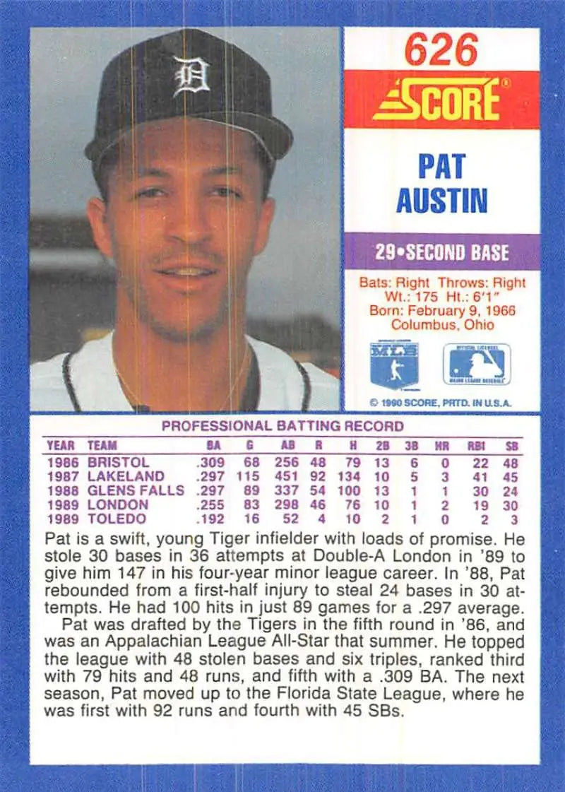 1990 Score #626 Pat Austin EX Excellent RC Rookie Detroit Tigers Baseball Card - Baseball Card Single