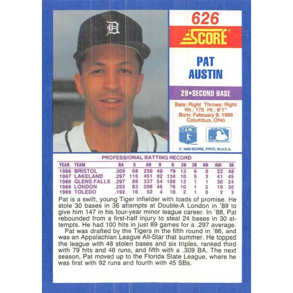 1990 Score #626 Pat Austin NM-MT RC Rookie Detroit Tigers Baseball Card - Baseball Card Single