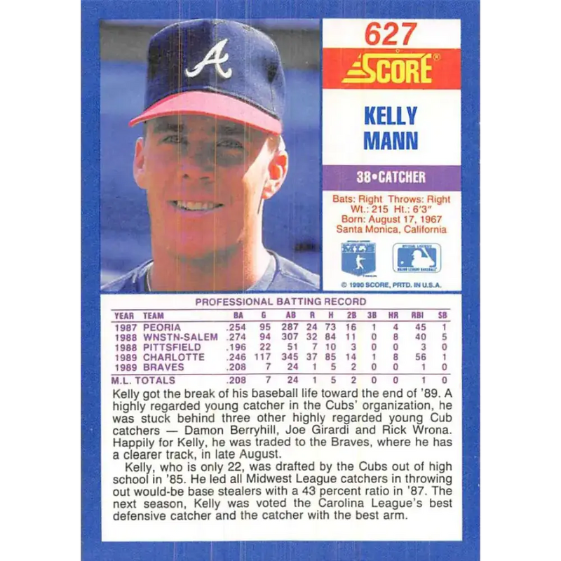 1990 Score #627 Kelly Mann NM-MT RC Rookie Atlanta Braves Baseball Card - Baseball Card Single