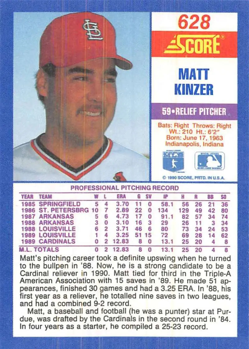 1990 Score #628 Matt Kinzer EX Excellent RC Rookie St. Louis Cardinals Baseball Card - Baseball Card Single
