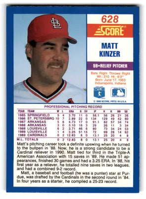 1990 Score #628 Matt Kinzer NM-MT RC Rookie Cardinals ID:70065 - Baseball Card Single