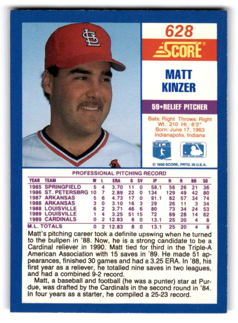 1990 Score #628 Matt Kinzer NM-MT RC Rookie Cardinals ID:70065 - Baseball Card Single