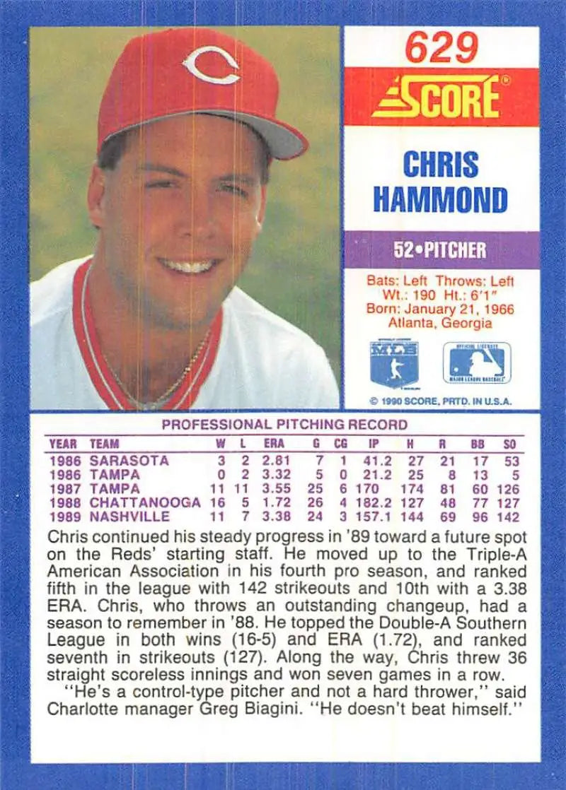 1990 Score #629 Chris Hammond EX Excellent RC Rookie Cincinnati Reds Baseball Card - Baseball Card Single