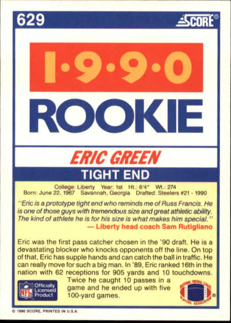 1990 Score #629 Eric Green NM-MT RC Rookie Pittsburgh Steelers Football Card - Football Card Single