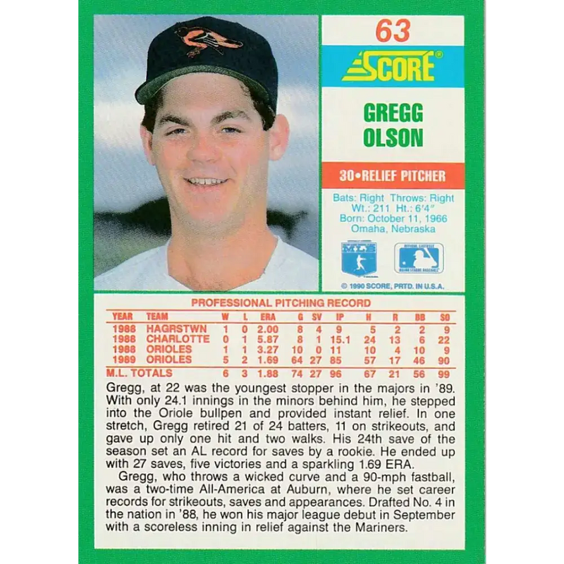 1990 Score #63 Gregg Olson NM-MT Baltimore Orioles Baseball Card - Baseball Card Single