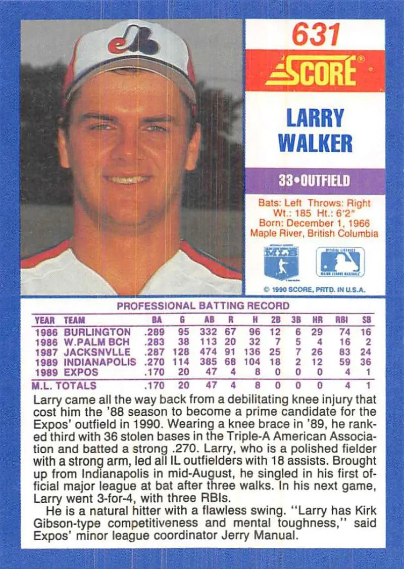 1990 Score #631 Larry Walker EX Excellent RC Rookie Montreal Expos Baseball Card - Baseball Card Single