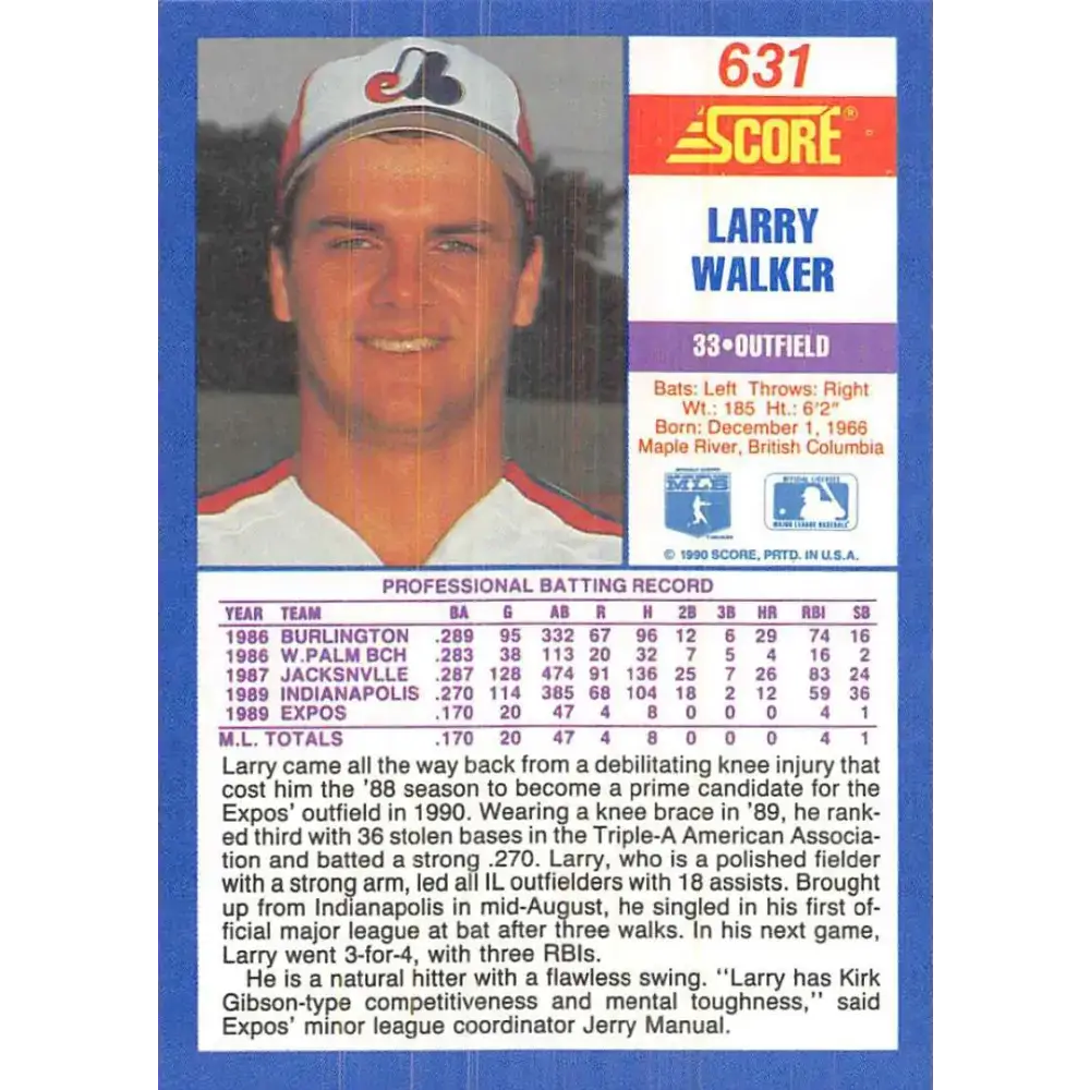 1990 Score #631 Larry Walker NM-MT RC Rookie Montreal Expos Baseball Card - Baseball Card Single