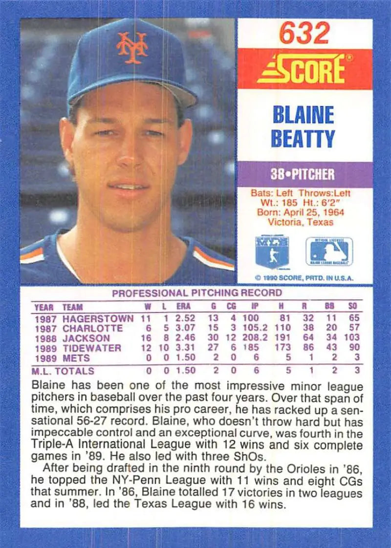 1990 Score #632 Blaine Beatty EX Excellent RC Rookie New York Mets Baseball Card - Baseball Card Single