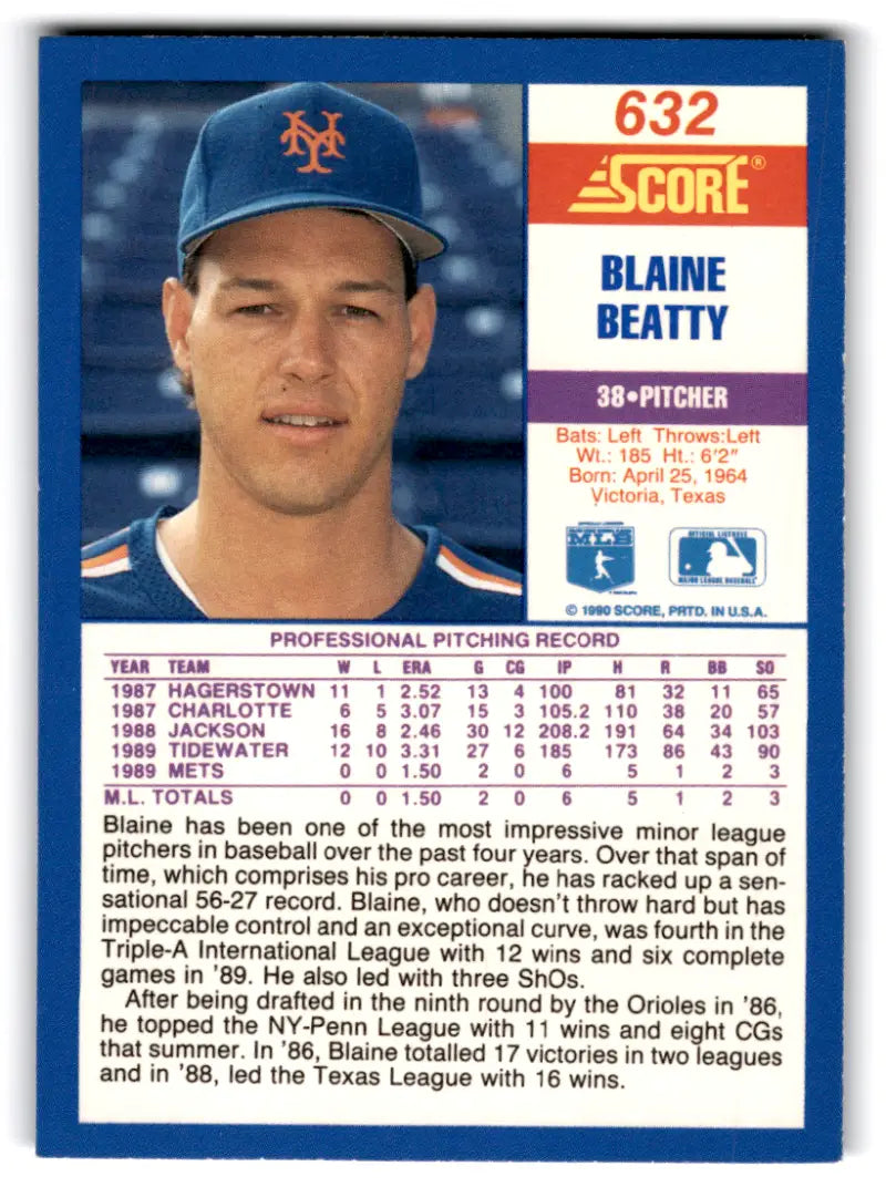 1990 Score #632 Blaine Beatty NM-MT RC Rookie Mets ID:70076 - Baseball Card Single