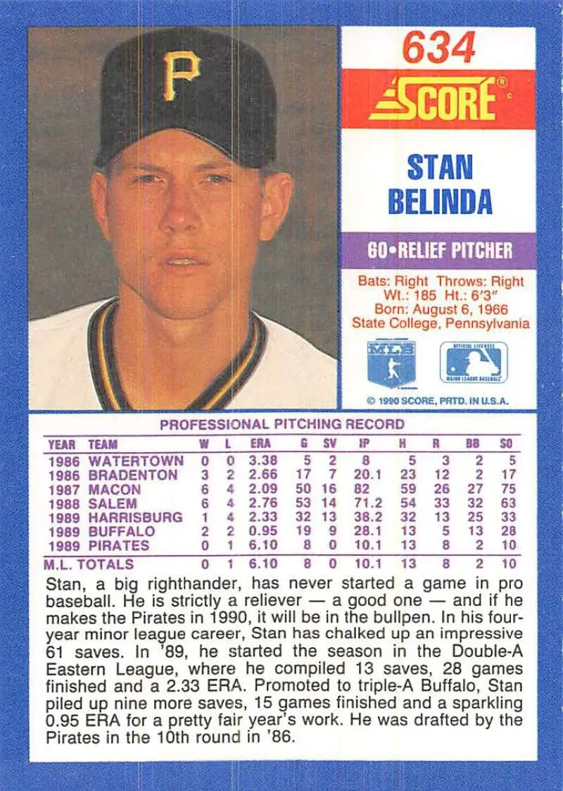 1990 Score #634 Stan Belinda EX Excellent RC Rookie Pittsburgh Pirates Baseball Card - Baseball Card Single
