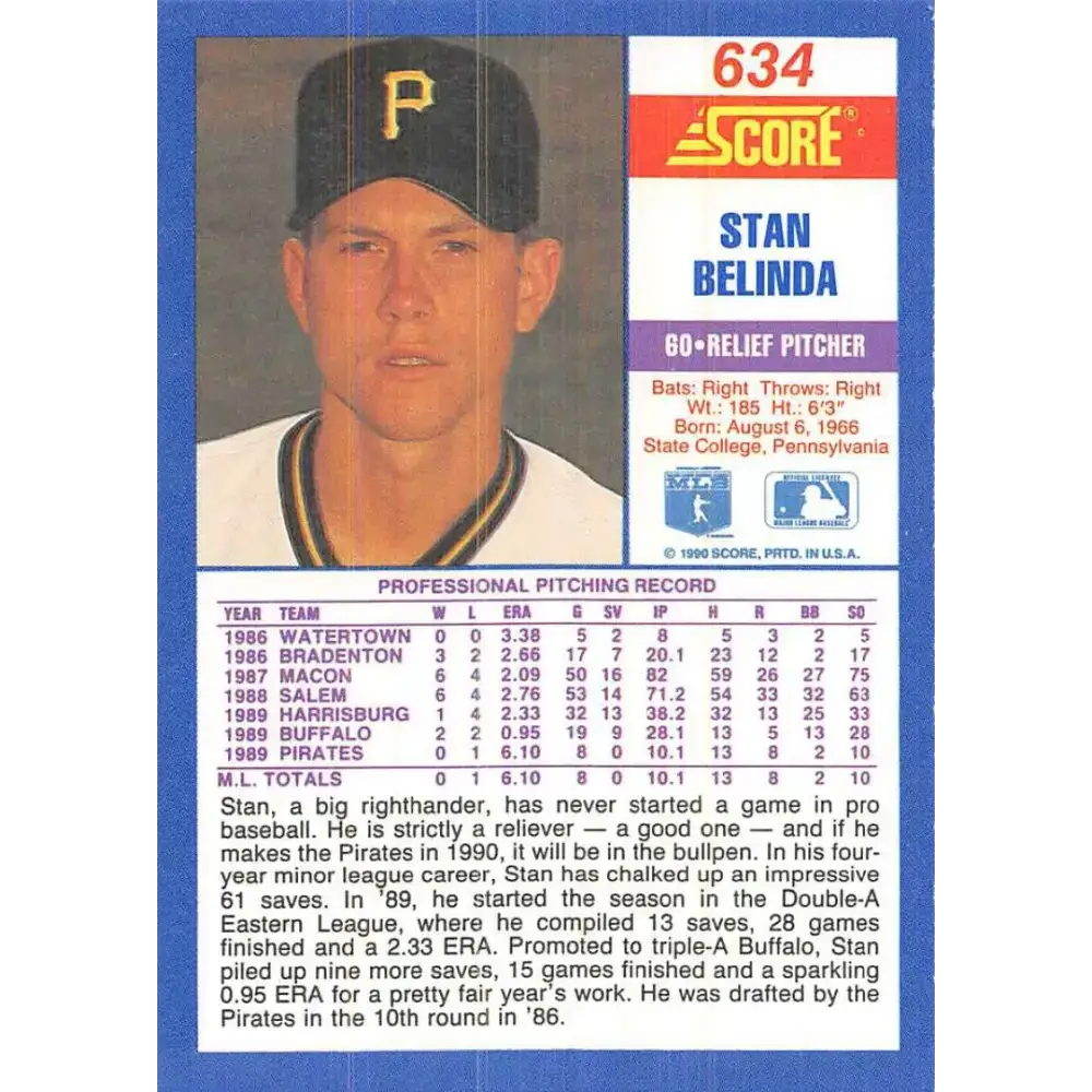 1990 Score #634 Stan Belinda NM-MT RC Rookie Pittsburgh Pirates Baseball Card - Baseball Card Single