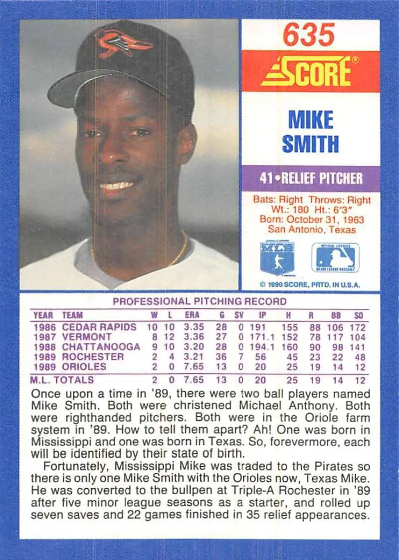 1990 Score #635 Mike Smith EX Excellent RC Rookie Baltimore Orioles Baseball Card - Baseball Card Single