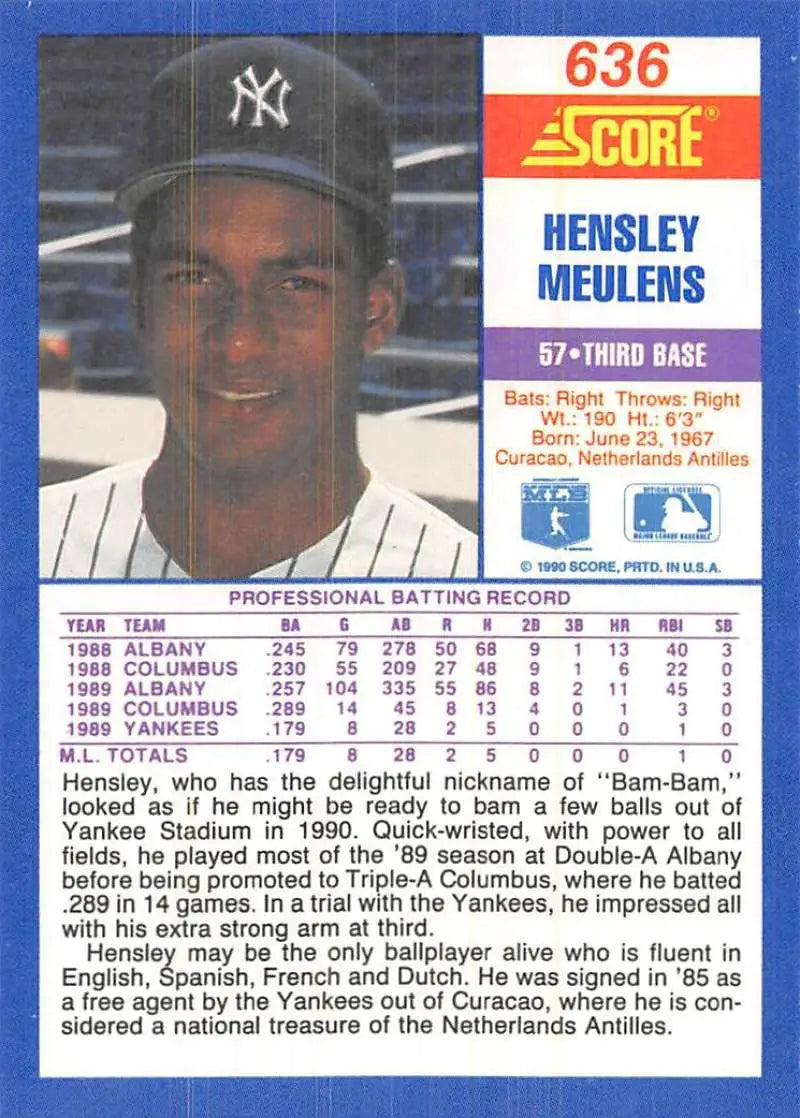 1990 Score #636 Hensley Meulens EX Excellent New York Yankees Baseball Card - Baseball Card Single