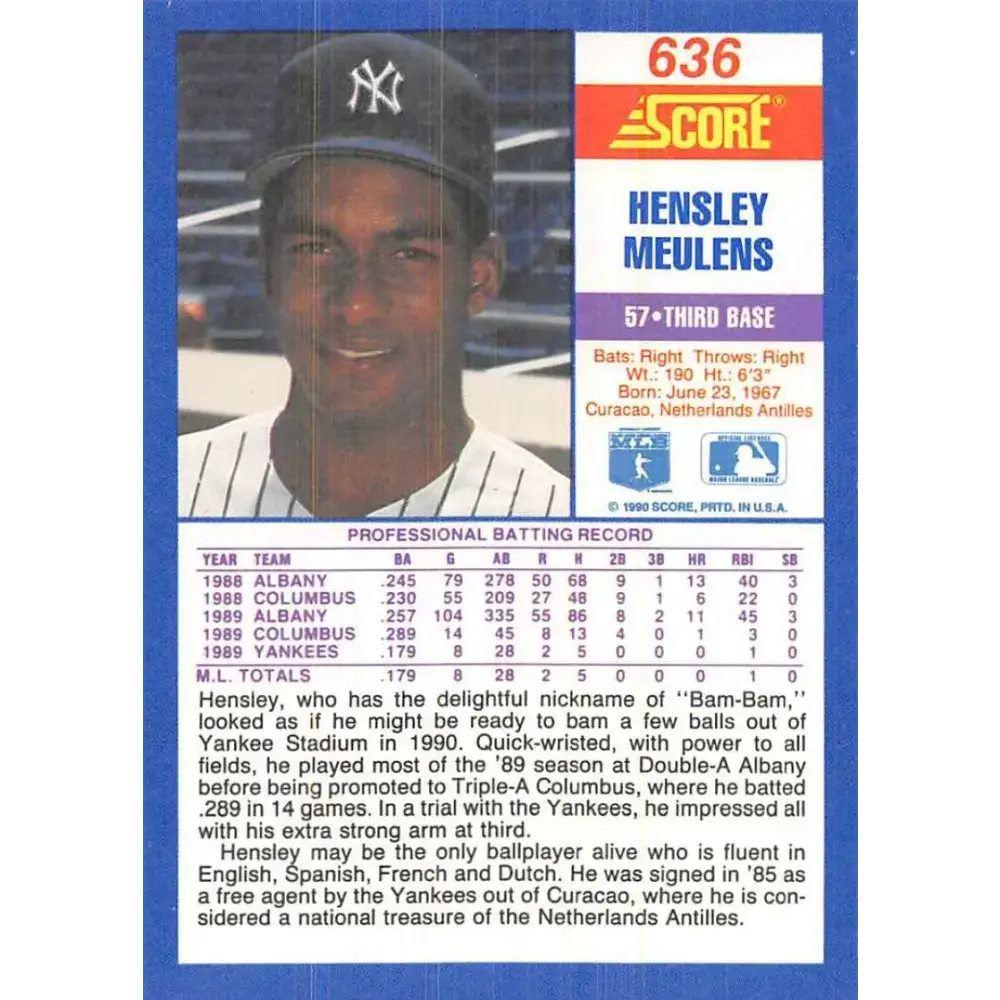 1990 Score #636 Hensley Meulens NM-MT New York Yankees Baseball Card - Baseball Card Single