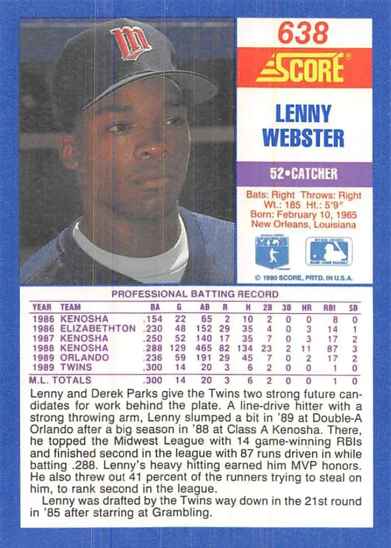 1990 Score #638 Lenny Webster EX Excellent RC Rookie Minnesota Twins Baseball Card - Baseball Card Single