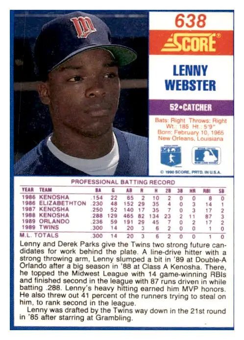 1990 Score #638 Lenny Webster - Baseball Card Single