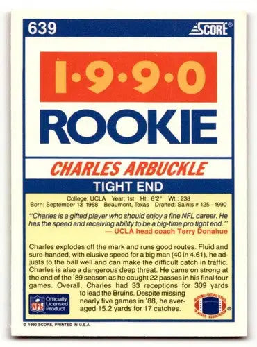 Original gloss Charles Arbuckle rookie card featuring New Orleans Saints football card