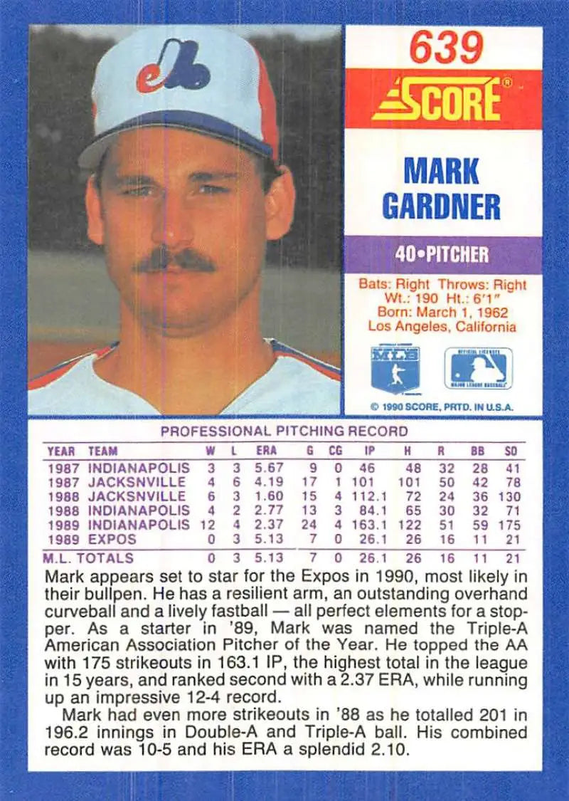 1990 Score #639 Mark Gardner EX Excellent RC Rookie Montreal Expos Baseball Card - Baseball Card Single