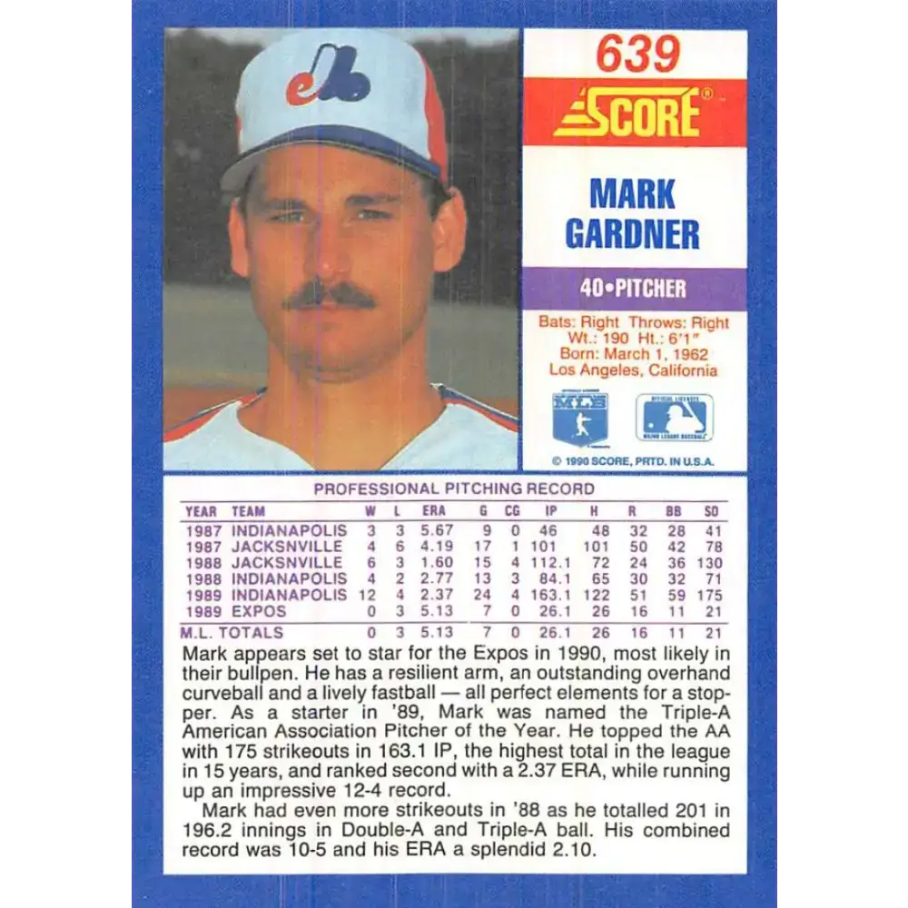 1990 Score #639 Mark Gardner NM-MT RC Rookie Montreal Expos Baseball Card - Baseball Card Single