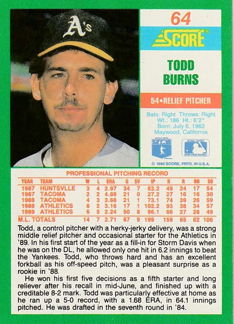 1990 Score #64 Todd Burns EX Excellent Oakland Athletics Baseball Card - Baseball Card Single
