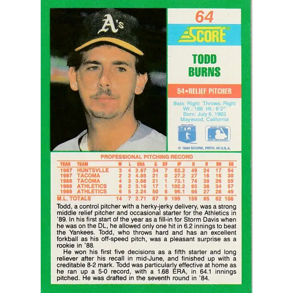 1990 Score #64 Todd Burns NM-MT Oakland Athletics Baseball Card - Baseball Card Single