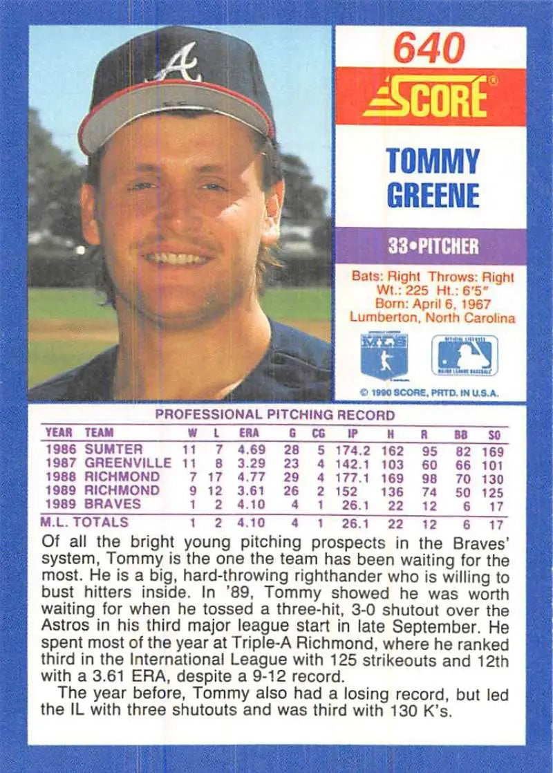 1990 Score #640 Tommy Greene EX Excellent RC Rookie Atlanta Braves Baseball Card - Baseball Card Single