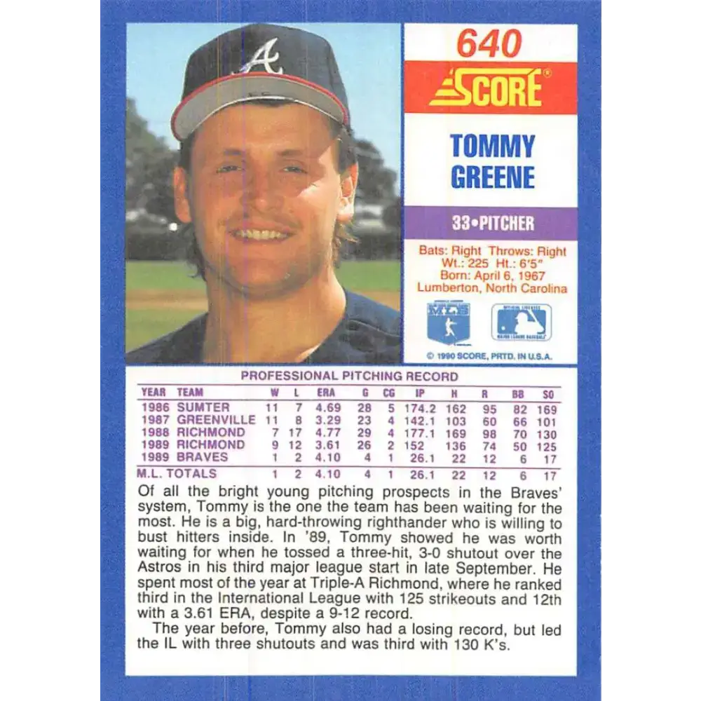 1990 Score #640 Tommy Greene NM-MT RC Rookie Atlanta Braves Baseball Card - Baseball Card Single