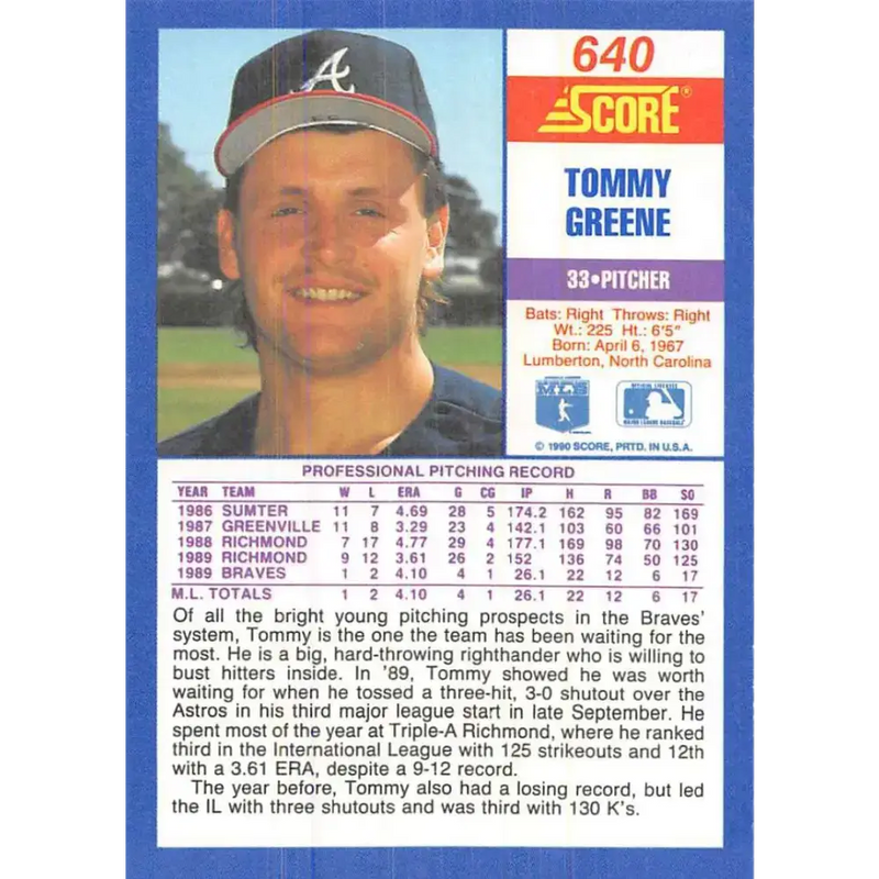 1990 Score #640 Tommy Greene NM-MT RC Rookie Atlanta Braves Baseball Card - Baseball Card Single