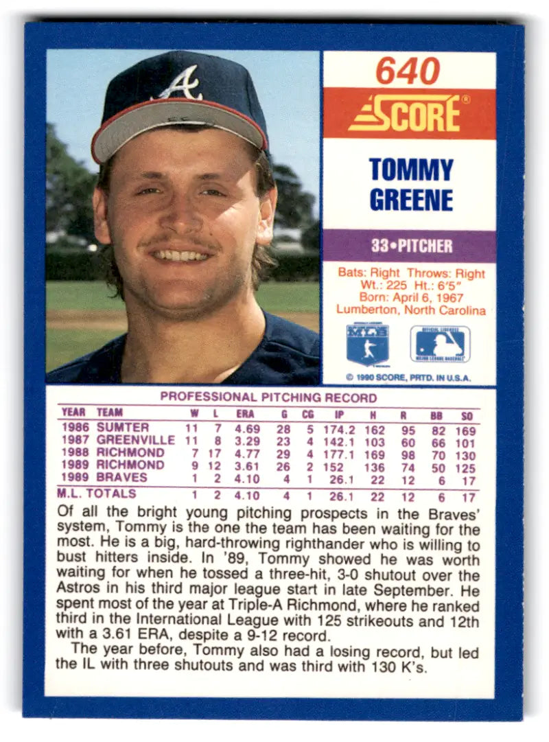 1990 Score #640 Tommy Greene NM-MT RC Rookie Braves ID:70069 - Baseball Card Single
