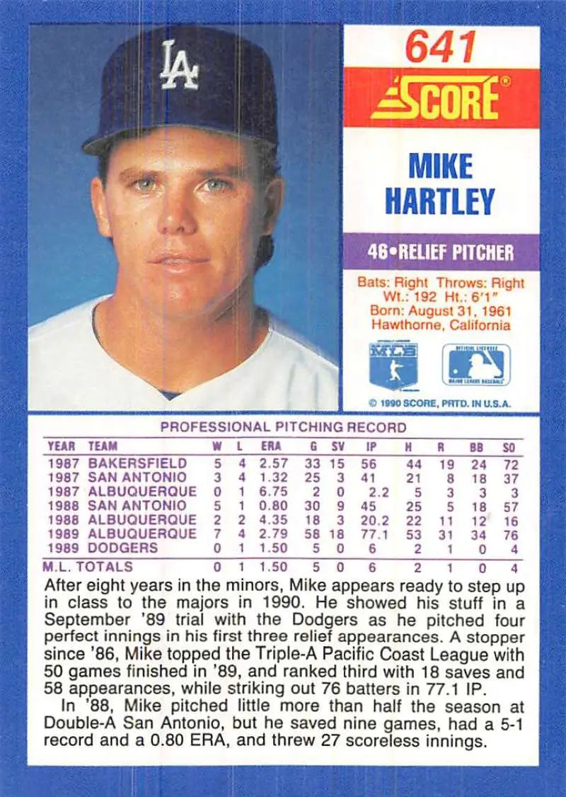 1990 Score #641 Mike Hartley EX Excellent RC Rookie Los Angeles Dodgers Baseball Card - Baseball Card Single