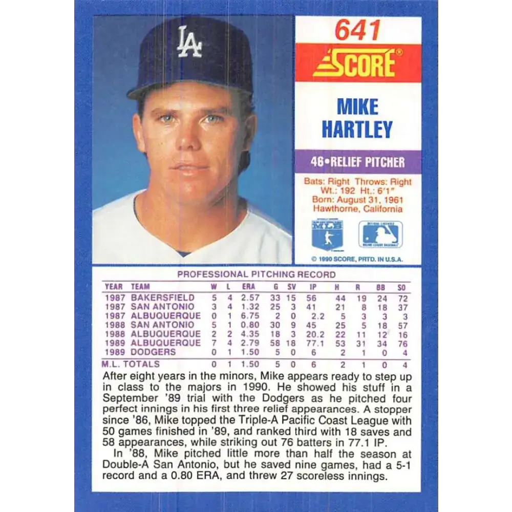1990 Score #641 Mike Hartley NM-MT RC Rookie Los Angeles Dodgers Baseball Card - Baseball Card Single