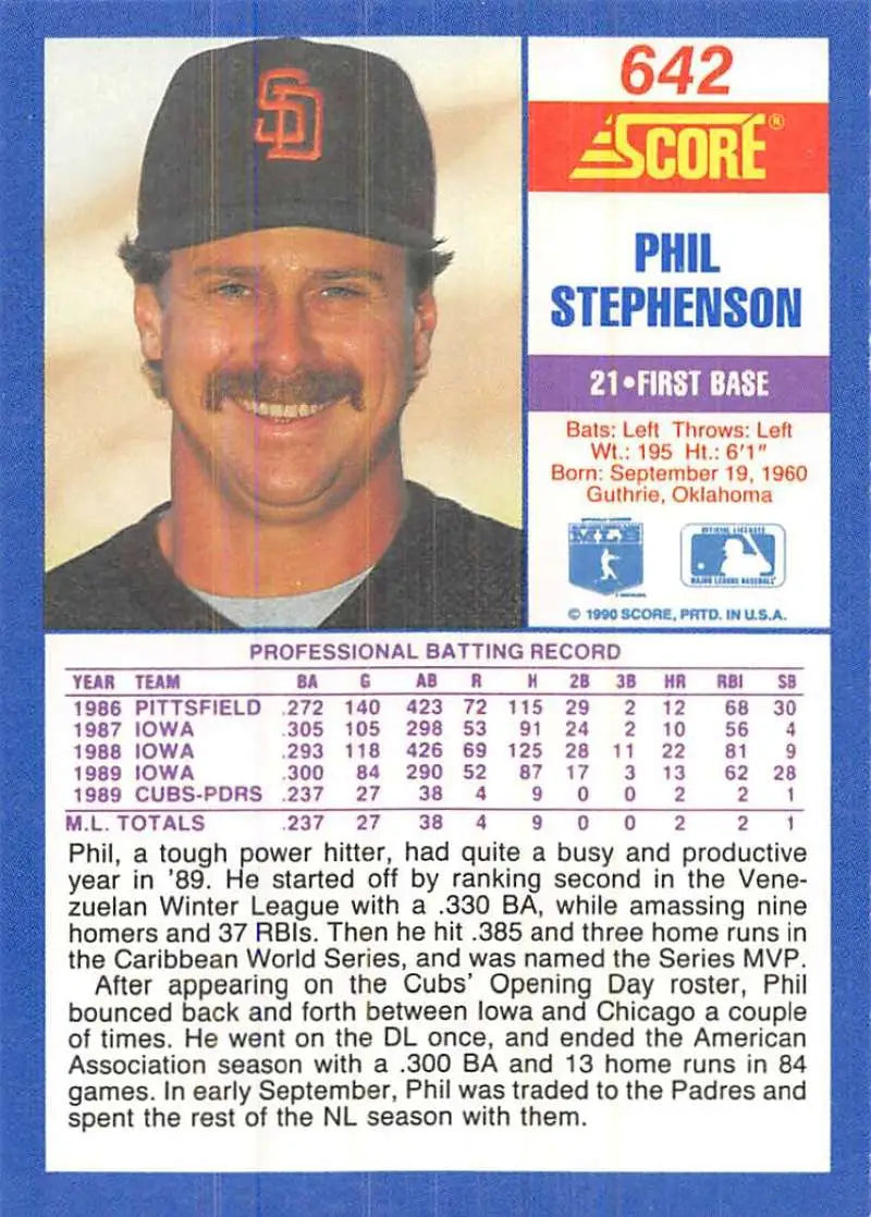 1990 Score #642 Phil Stephenson EX Excellent San Diego Padres Baseball Card - Baseball Card Single