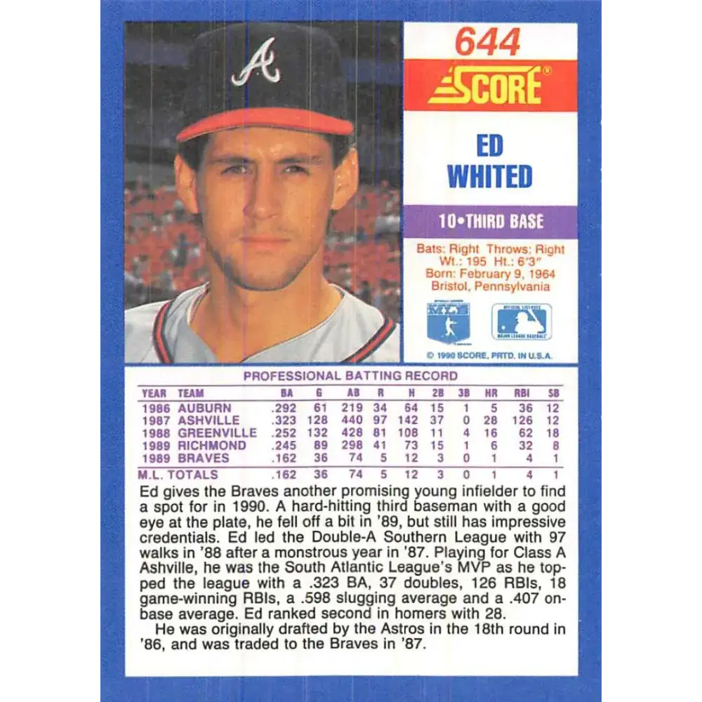 1990 Score #644 Ed Whited NM-MT RC Rookie Atlanta Braves Baseball Card - Baseball Card Single