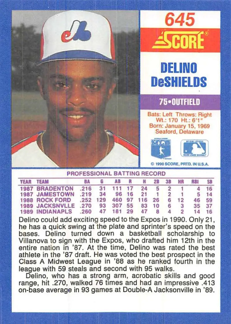 1990 Score #645 Delino DeShields EX Excellent RC Rookie Montreal Expos Baseball Card - Baseball Card Single