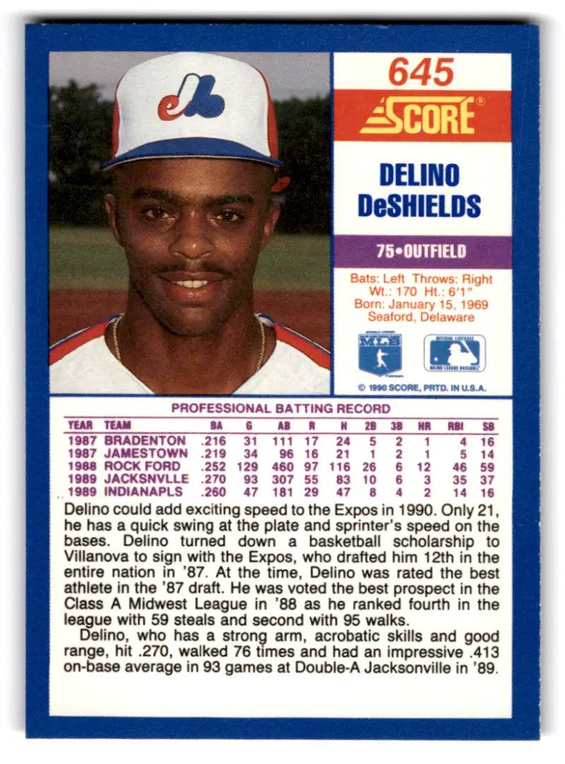 1990 Score #645 Delino DeShields NM-MT RC Rookie Expos ID:70072 - Baseball Card Single