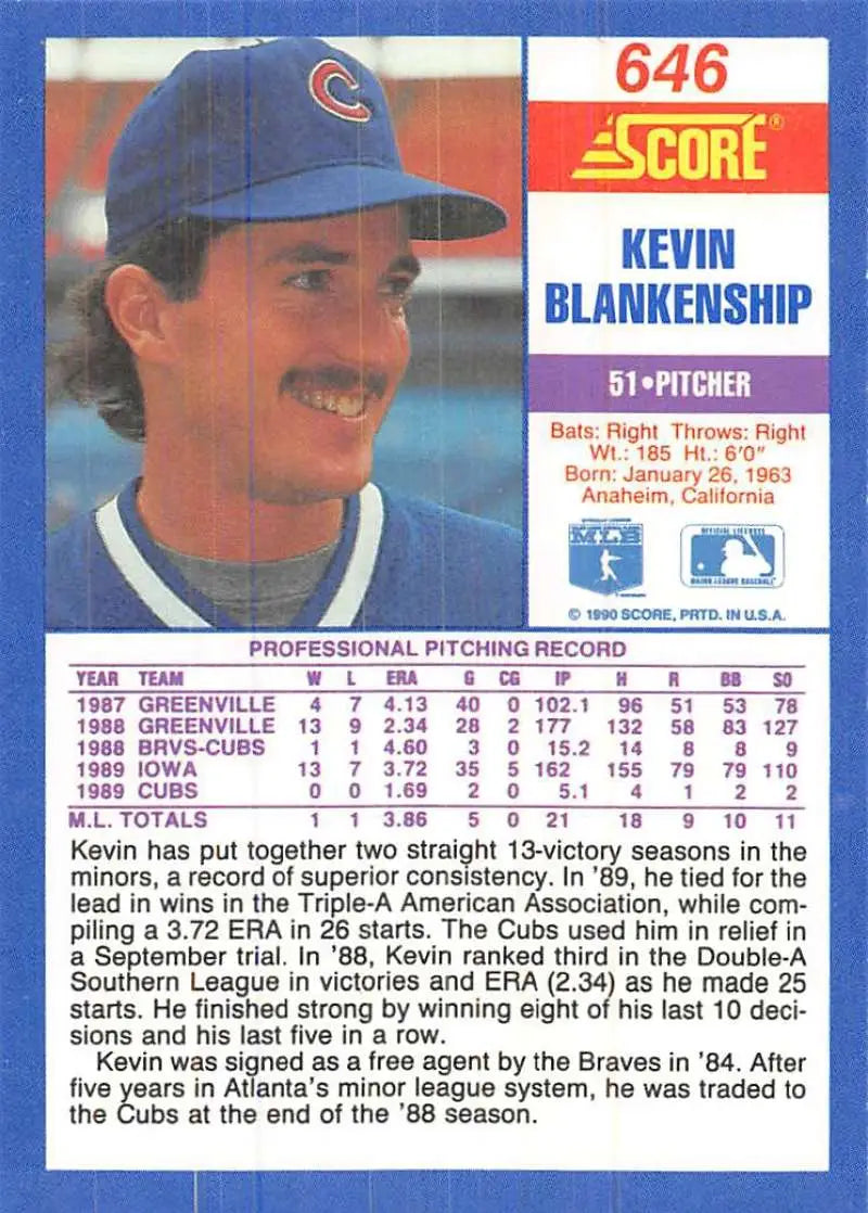 1990 Score #646 Kevin Blankenship EX Excellent Chicago Cubs Baseball Card - Baseball Card Single