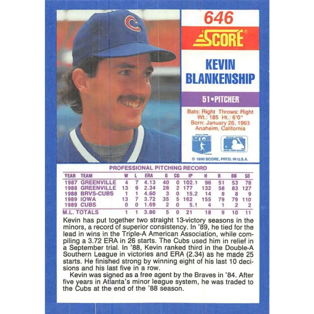 1990 Score #646 Kevin Blankenship NM-MT Chicago Cubs Baseball Card - Baseball Card Single