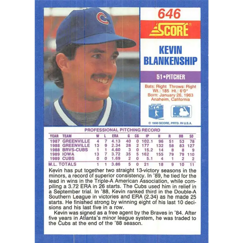 1990 Score #646 Kevin Blankenship NM-MT Chicago Cubs Baseball Card - Baseball Card Single