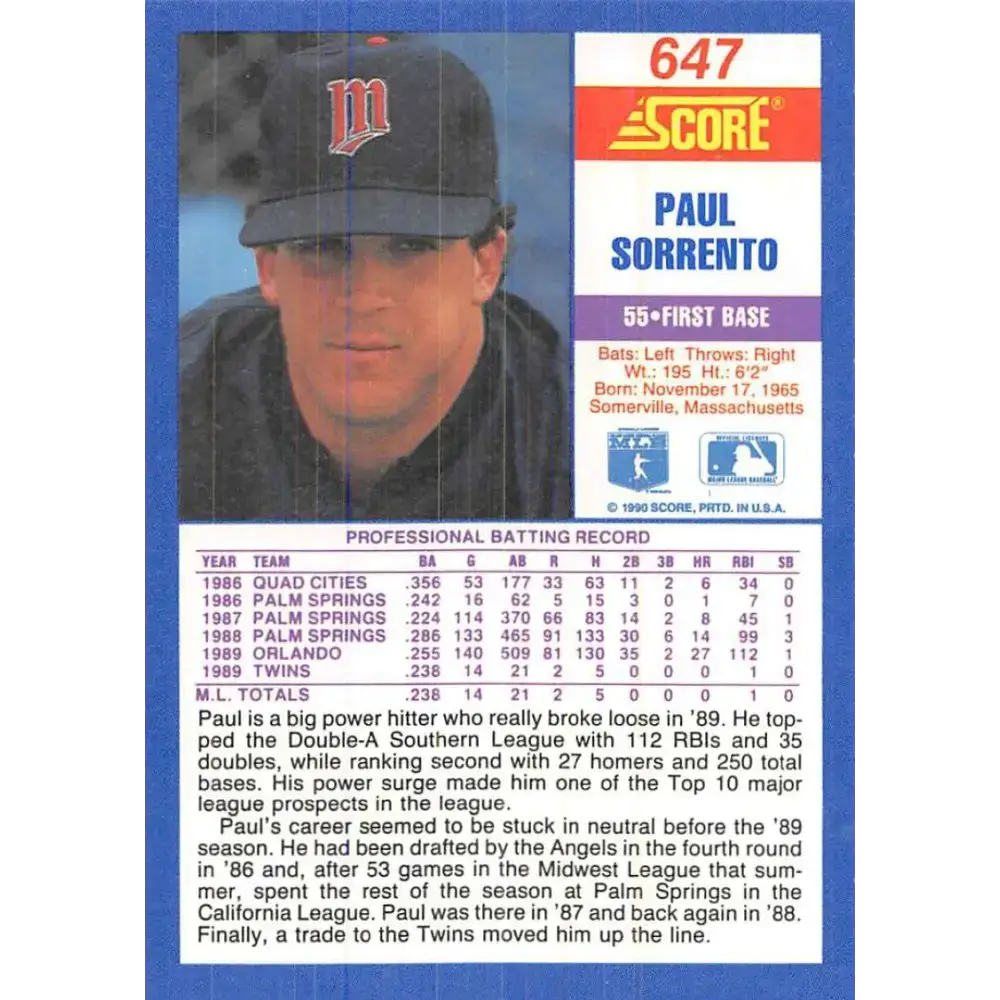 1990 Score #647 Paul Sorrento NM-MT RC Rookie Minnesota Twins Baseball Card - Baseball Card Single