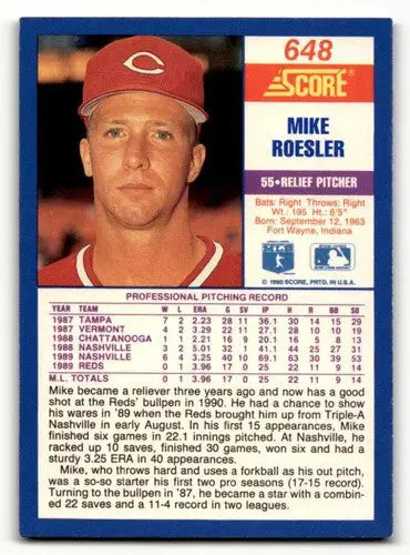 Original gloss Mike Roesler Cincinnati baseball card from 1990 Score ROESLER Cincinnati Reds