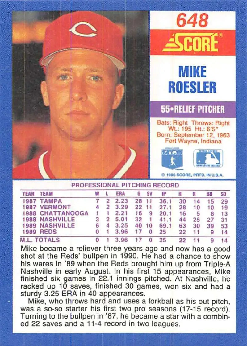 1990 Score #648 Mike Roesler EX Excellent RC Rookie Cincinnati Reds Baseball Card - Baseball Card Single