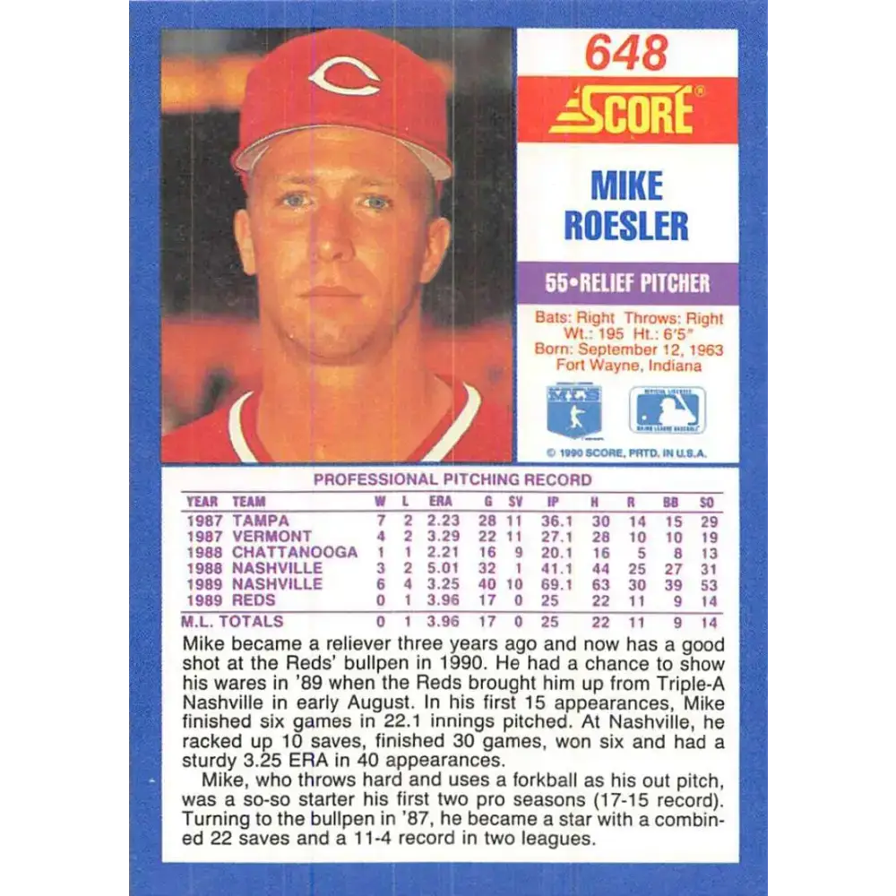1990 Score #648 Mike Roesler NM-MT RC Rookie Cincinnati Reds Baseball Card - Baseball Card Single