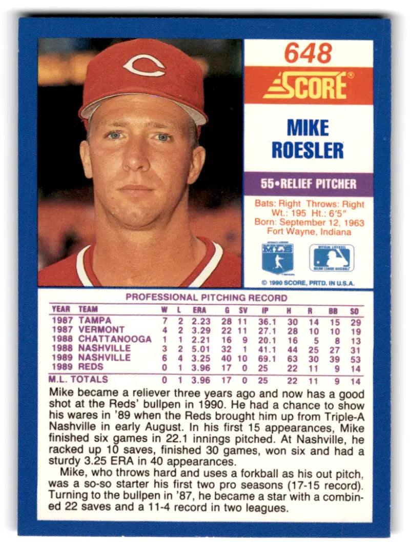 1990 Score #648 Mike Roesler NM-MT RC Rookie Reds ID:70081 - Baseball Card Single