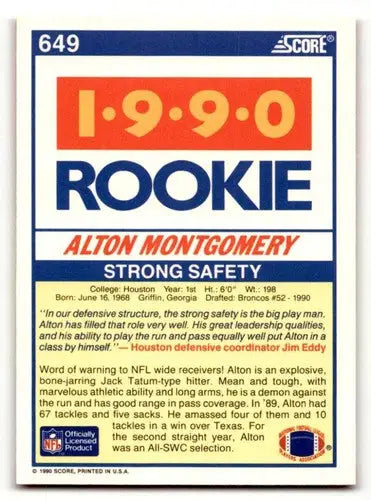 Alton Montgomery rookie card Denver Broncos 1990 Score original gloss NM ID 57455
